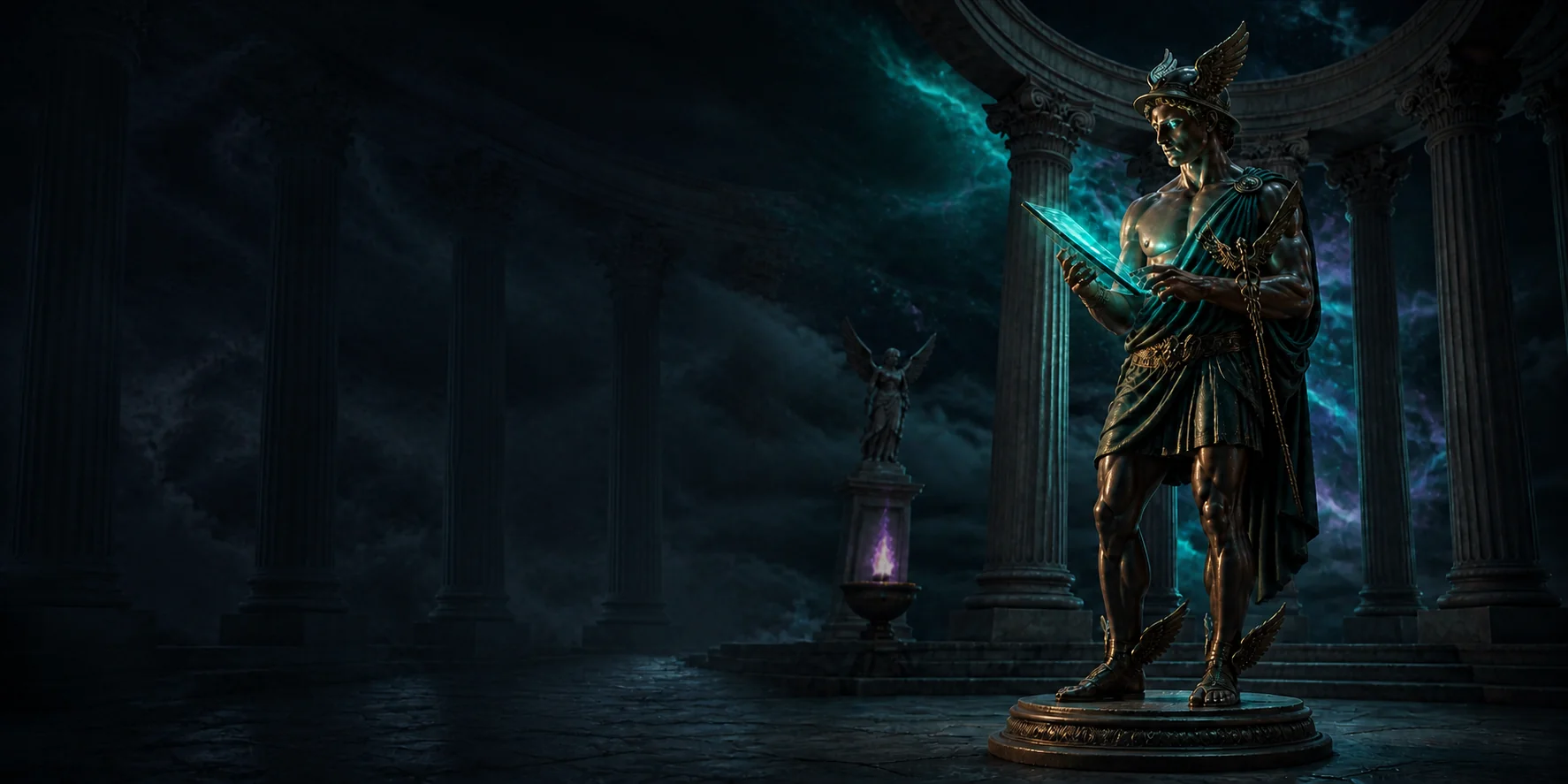 Hermes using a glowing Vave Casino app in a mythic colonnade