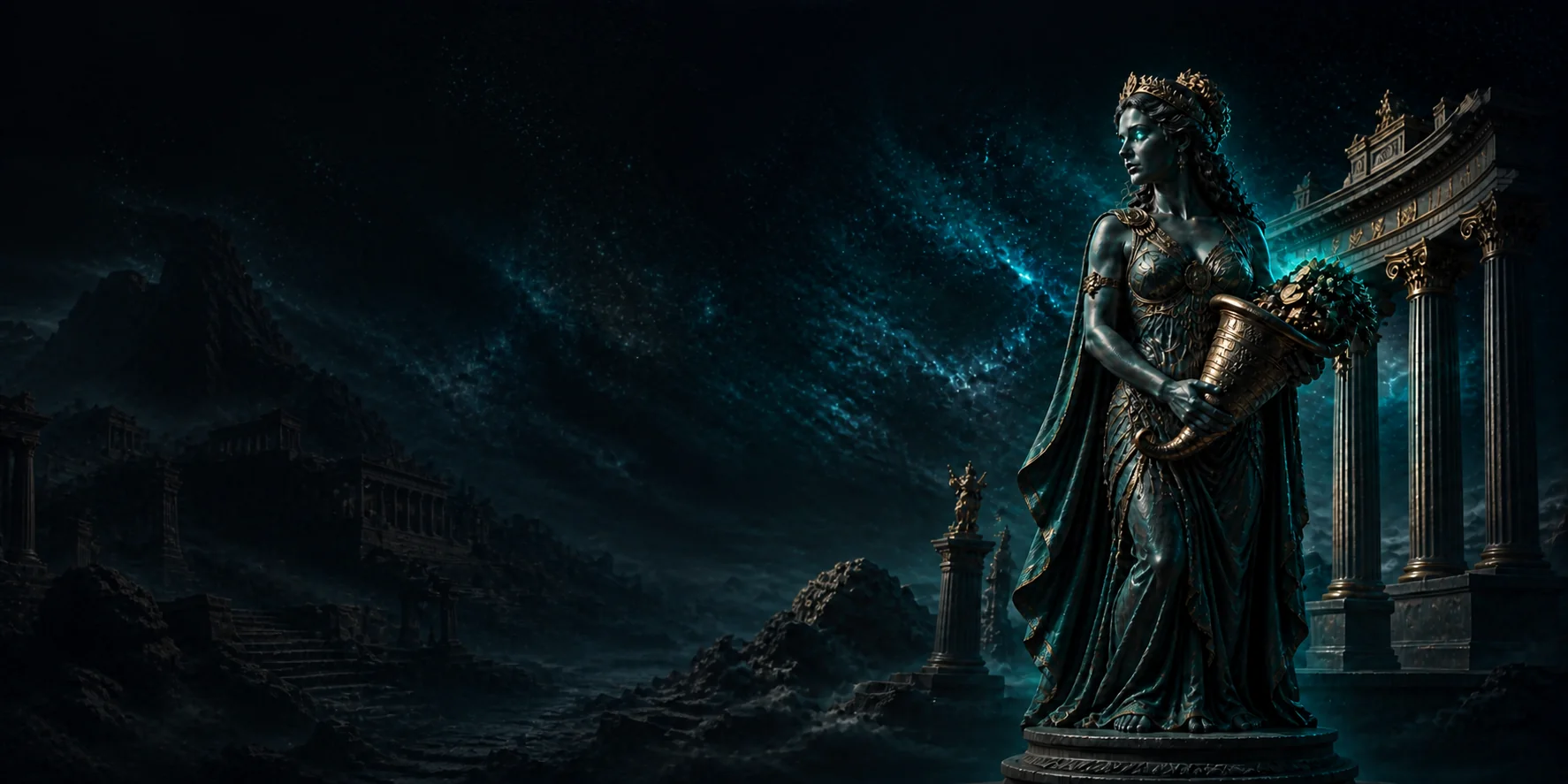Tyche in a mythic temple presenting Vave Casino bonuses